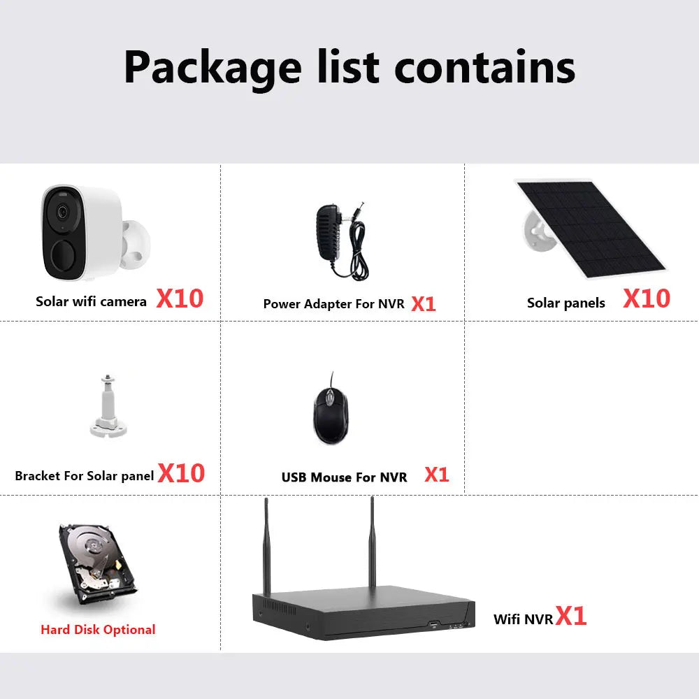 5MP Solar Battery 10CH Security Wireless CCTV Cameras System Remote Monitoring Wifi NVR Kit P2P IP Bullet Camera System Set 8CH