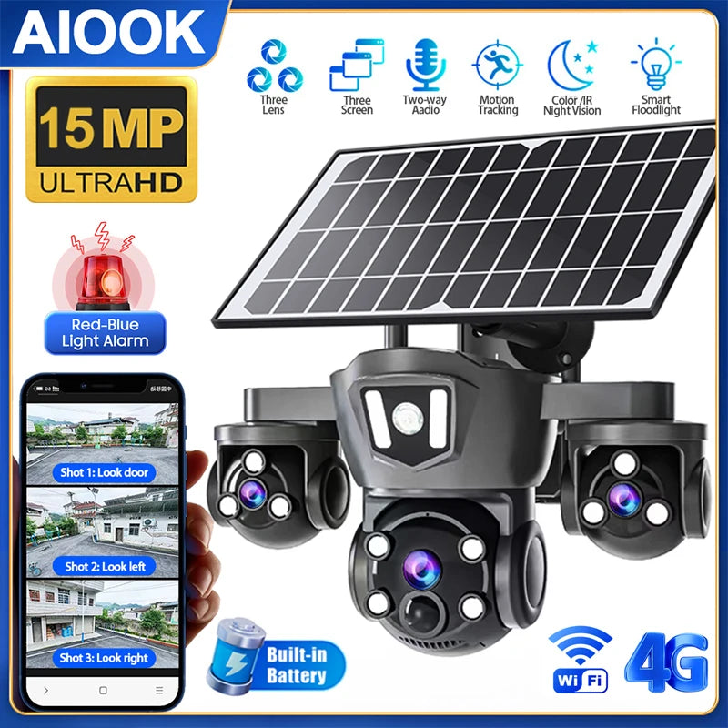 AIOOK Triple Lens 4G CCTV HD 15MP Solar Camera Outdoor Waterproof V380 Pro Camera Mobile Tracking Night Vision Lights Alarms