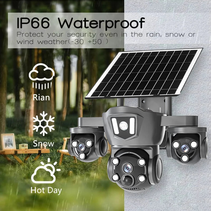 AIOOK Triple Lens 4G CCTV HD 15MP Solar Camera Outdoor Waterproof V380 Pro Camera Mobile Tracking Night Vision Lights Alarms