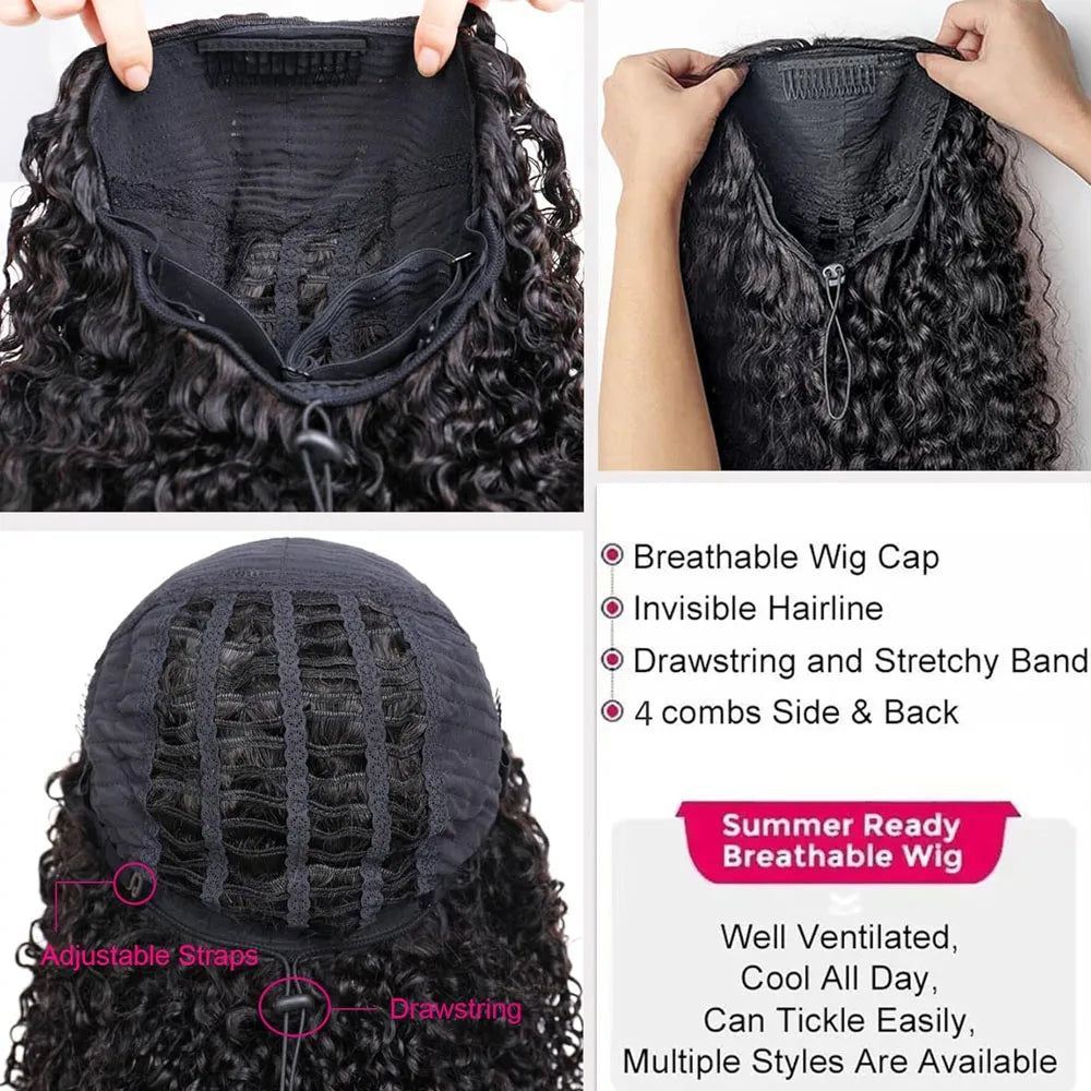 3 In 1 Half Wigs Human Hair Deep Wave Half Wig Human Hair Seamless Flip Over 250 Density Water Wave Human Hair Drawstring Half