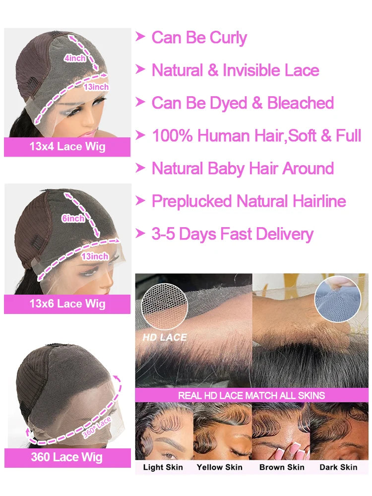 40 46 inch Bone Straight 13x4 13x6 Transparent HD Lace Front Wigs Brazilian Human Hair 300% Density 360 Full Lace Wigs For Women