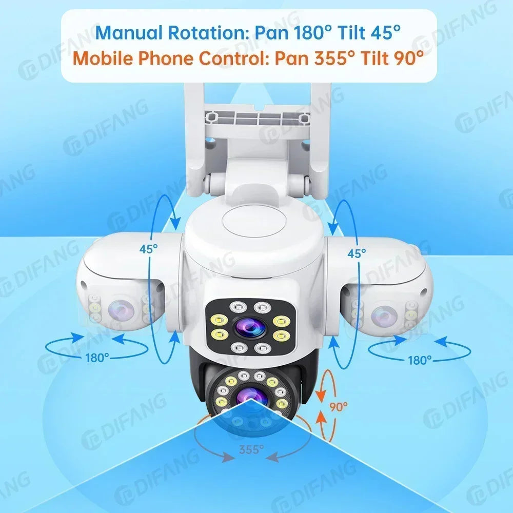 6K HD WiFi Camera Outdoor Security Protection Three Lens Three Screen Ai Tracking 12MP Video CCTV Cam Yoosee Security IP Camera