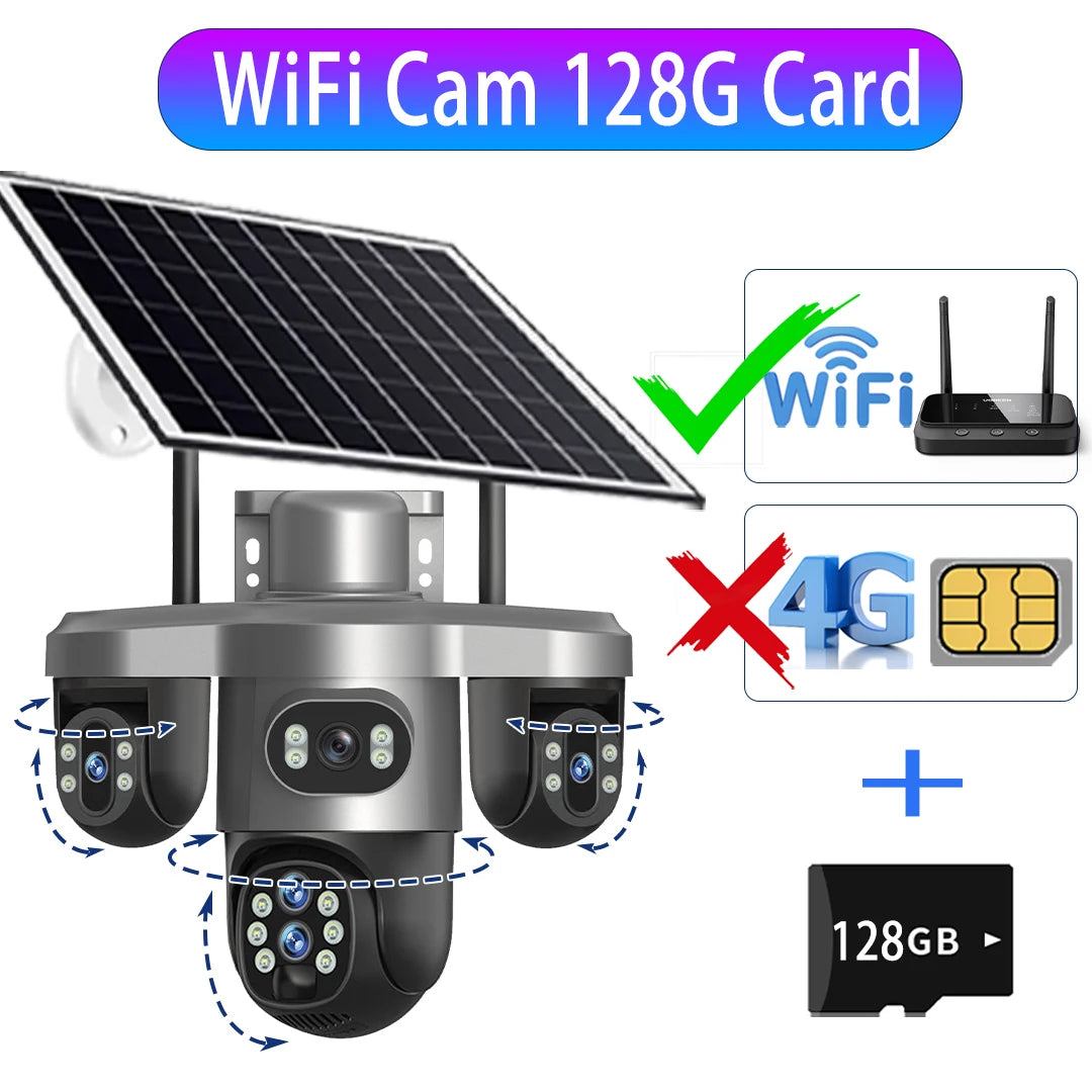 20MP 4G Sim Solar Camera WiFi 10X Optical Zoom 3-PTZ 4-Lens 3-Screens Outdoor Wireless Security Cameras Auto Tracking CCTV V380