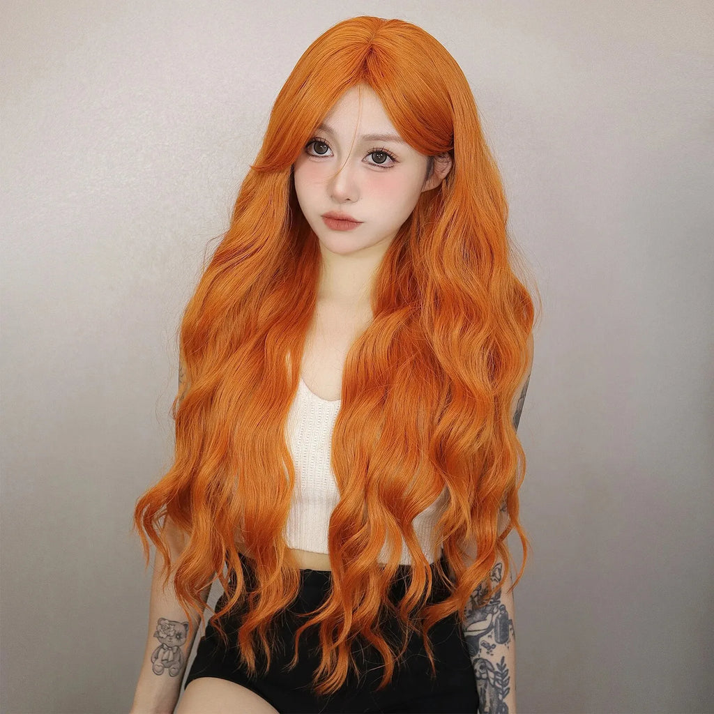 Long Water Wave Orange Synthetic Wigs for Women Wavy Natural Hair Wigs with Long Bangs Cosplay Party Wigs Heat Resistant