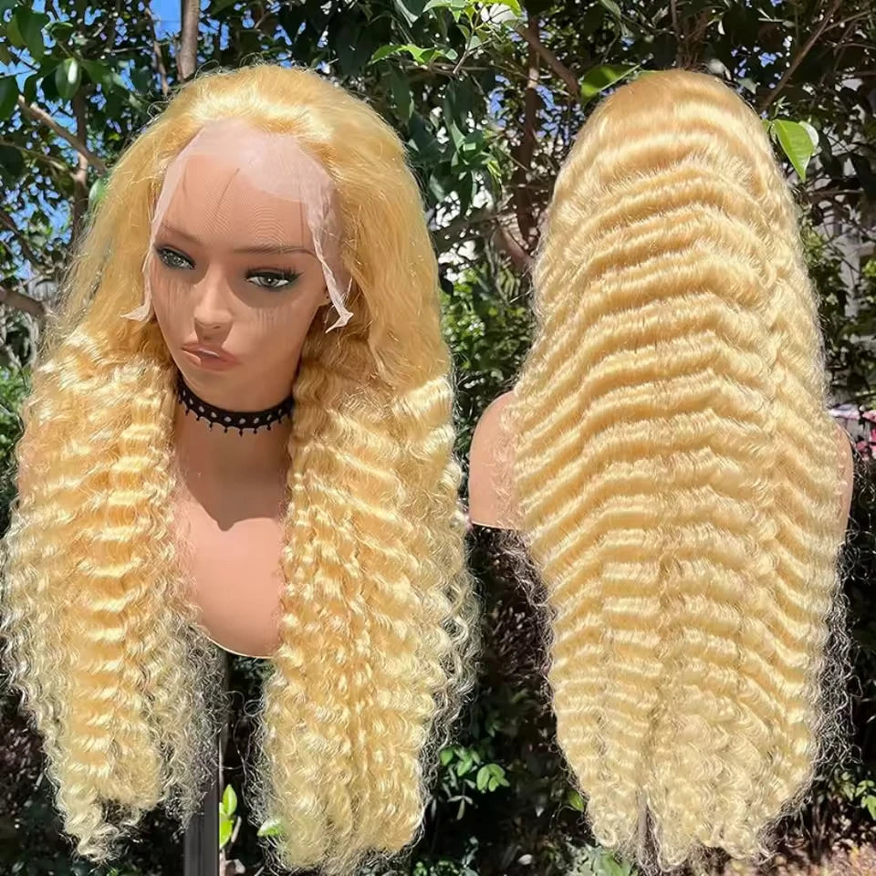 613 Lace Front Human Hair Curly Wig 180% Density 40Inch Honey Blonde Deep Wave Human Hair Wig 13x6 HD Transparent Lace Front Wig
