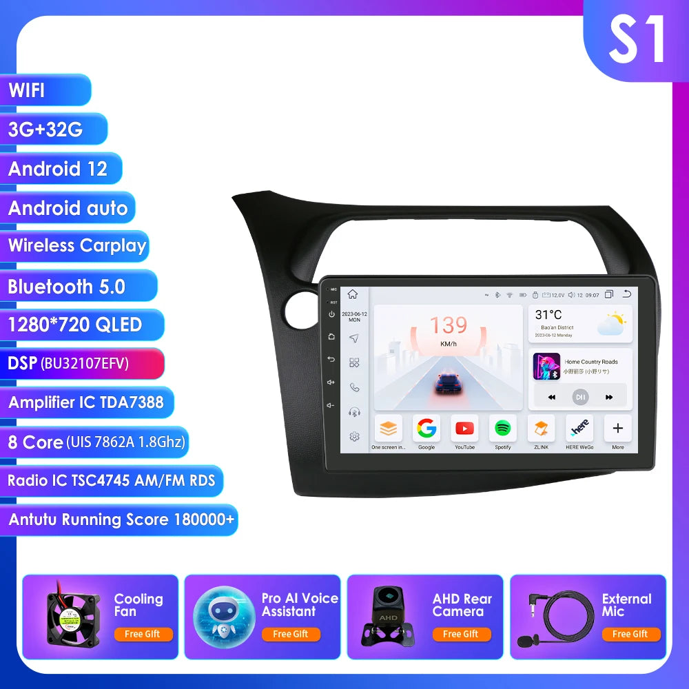 CarPlay Car Radio Multimedia Player for Honda Civic Hatchback 2005 2006 2007 2008 2009 2010 2011 Android Auto GPS 2din Autoradio