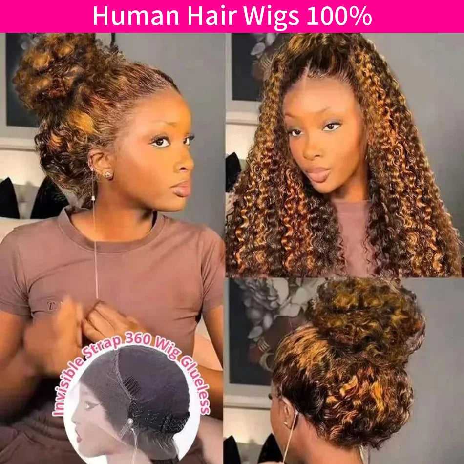 427 Highlight 360 Full Lace Wig Human Hair Pre Plucked Hd Deep Wave Frontal Wig Invisible Drawstring Curly Human Hair Wigs 32 In