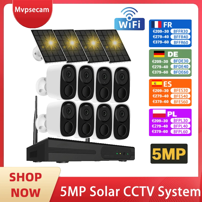 5MP Solar Battery 10CH Security Wireless CCTV Cameras System Remote Monitoring Wifi NVR Kit P2P IP Bullet Camera System Set 8CH