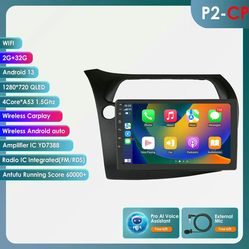 CarPlay Car Radio Multimedia Player for Honda Civic Hatchback 2005 2006 2007 2008 2009 2010 2011 Android Auto GPS 2din Autoradio