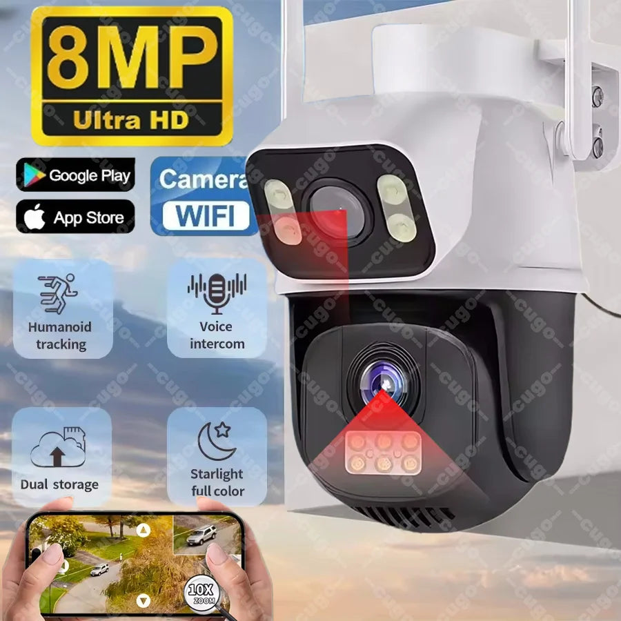 8MP 4K WIFI IP Camera PTZ Outdoor Waterproof Dual Screen AI Human Detection Dual Lens Two-way Audio CCTV Video Security Cameras