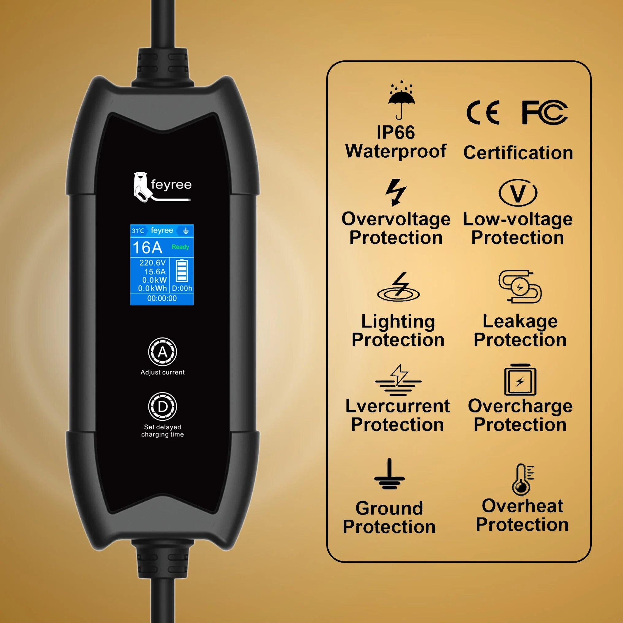 feyree EV Charger Portable Type2 16A 3.5kW Single Phase Adjust Current and Set Delay Time with Schuko Plug for Electric Vehicle