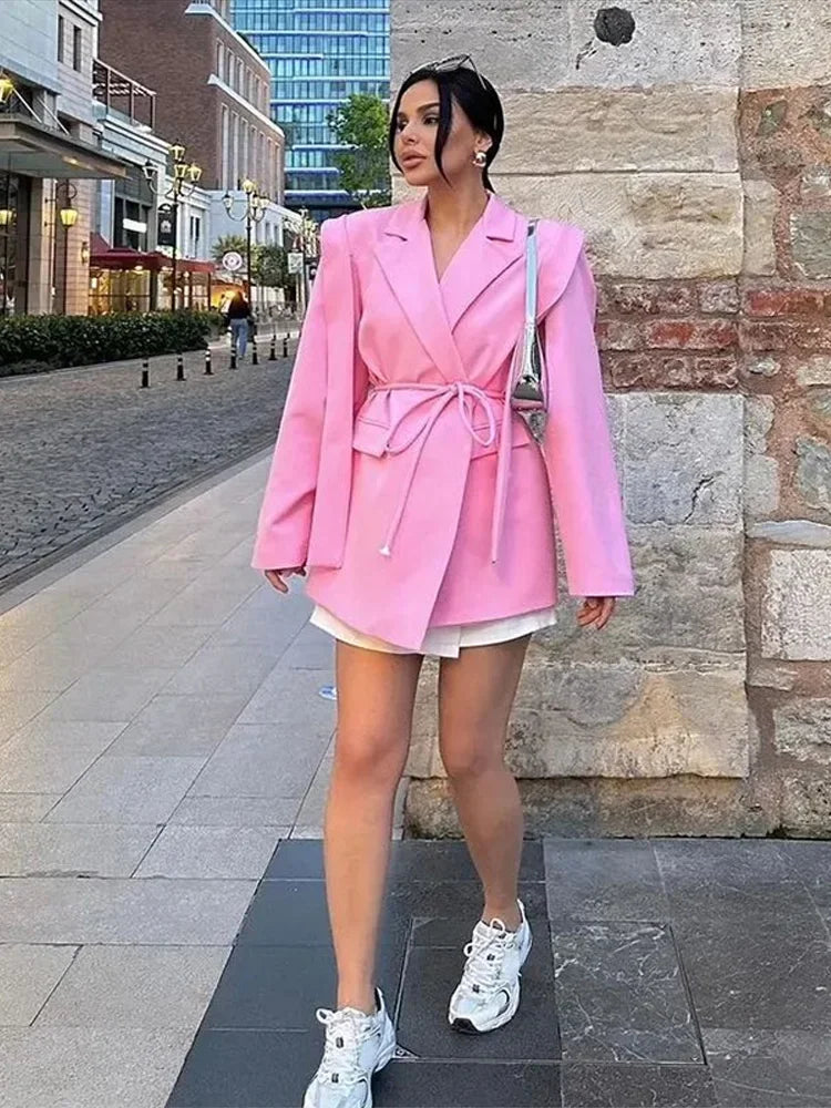 Fashion Stripe Lapel Suit Jacket Women Casual Loose Patchwork Tassel Design Belt Coat 2025 Spring Lady Street Commute Outerwears