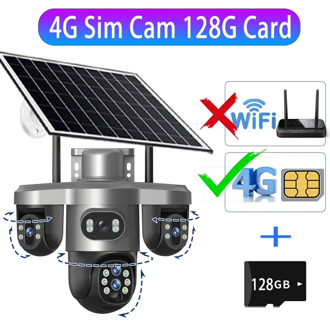 20MP 4G Sim Solar Camera WiFi 10X Optical Zoom 3-PTZ 4-Lens 3-Screens Outdoor Wireless Security Cameras Auto Tracking CCTV V380