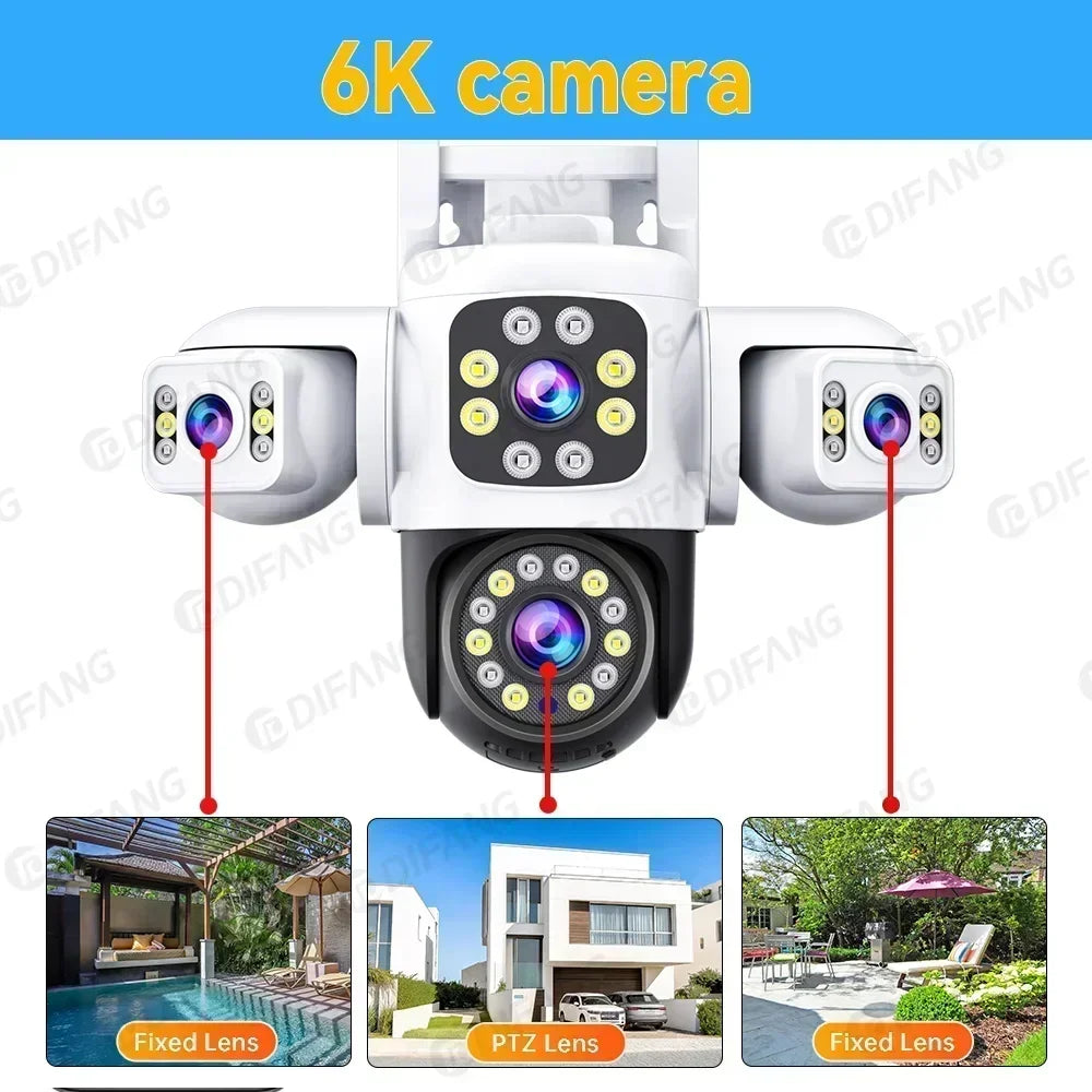 6K HD WiFi Camera Outdoor Security Protection Three Lens Three Screen Ai Tracking 12MP Video CCTV Cam Yoosee Security IP Camera
