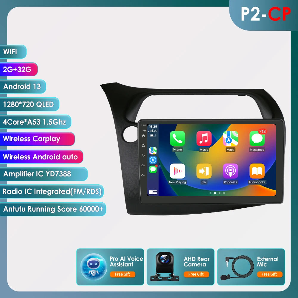 CarPlay Car Radio Multimedia Player for Honda Civic Hatchback 2005 2006 2007 2008 2009 2010 2011 Android Auto GPS 2din Autoradio