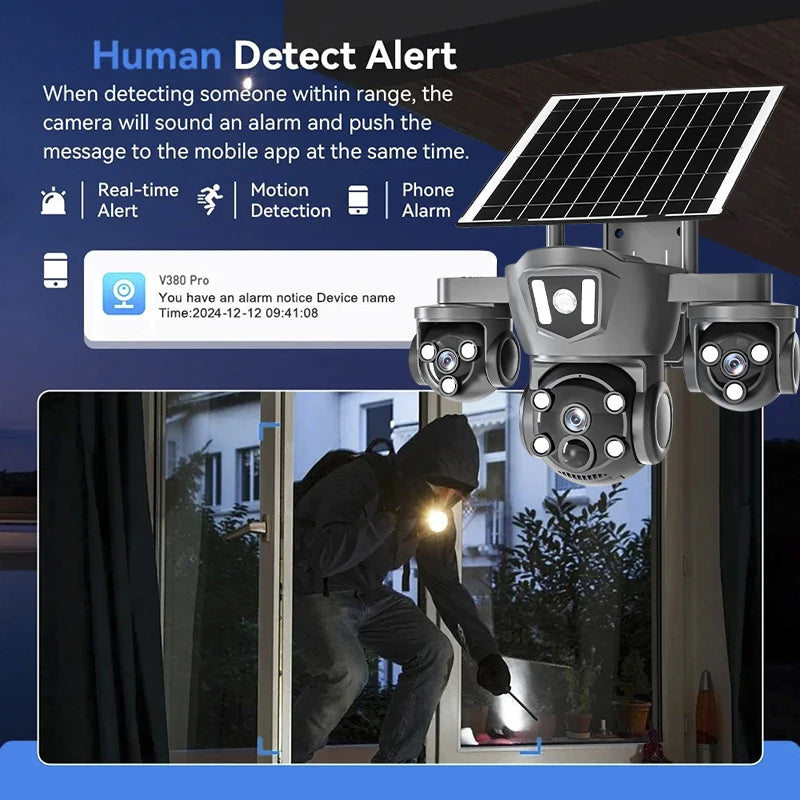 AIOOK Triple Lens 4G CCTV HD 15MP Solar Camera Outdoor Waterproof V380 Pro Camera Mobile Tracking Night Vision Lights Alarms