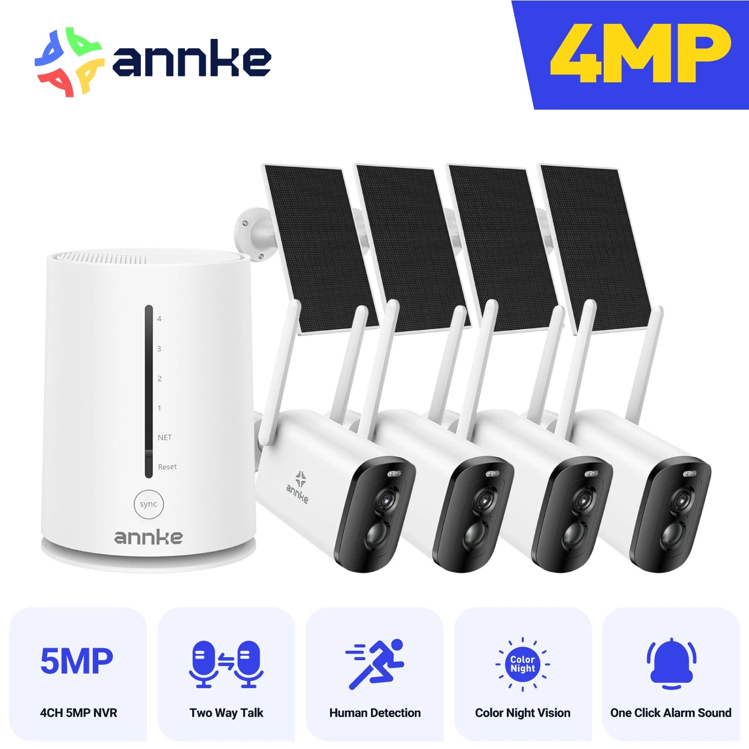 Annke 4MP solar security cameras 4CH Wireless NVR 4mm color night vision camera battery Audio 2.4G 5.8G dual-band WIFI Camera