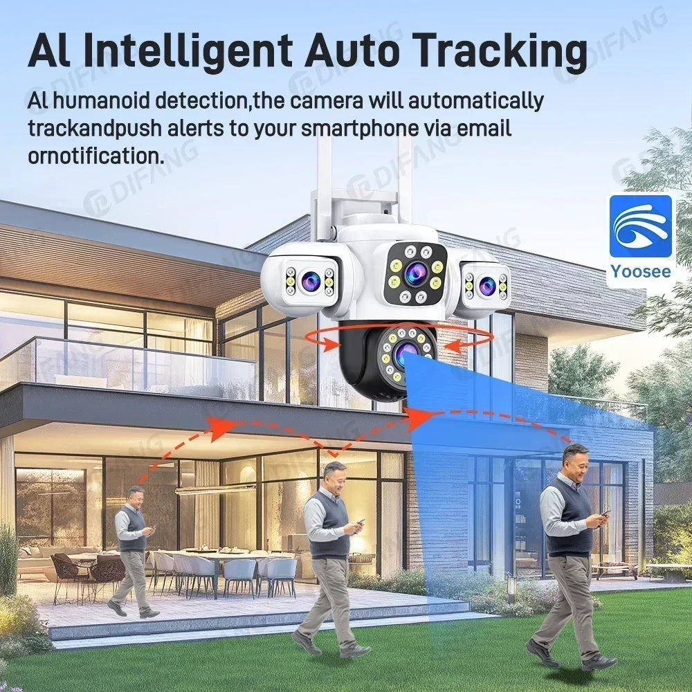 6K HD WiFi Camera Outdoor Security Protection Three Lens Three Screen Ai Tracking 12MP Video CCTV Cam Yoosee Security IP Camera