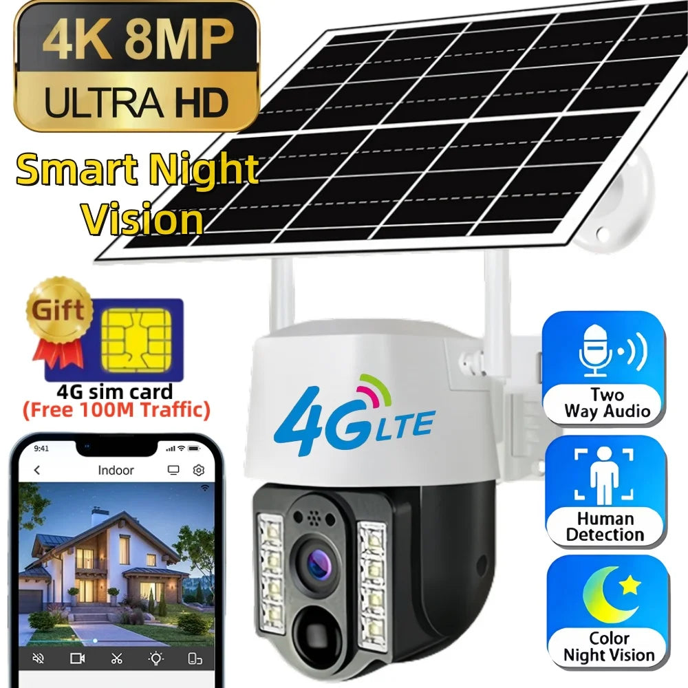 V380 pro 8MP 4K Solar Powered Outdoor Security Camera with 4G SIM Slot Wireless PIR Human Detection Waterproof CCTV Surveil