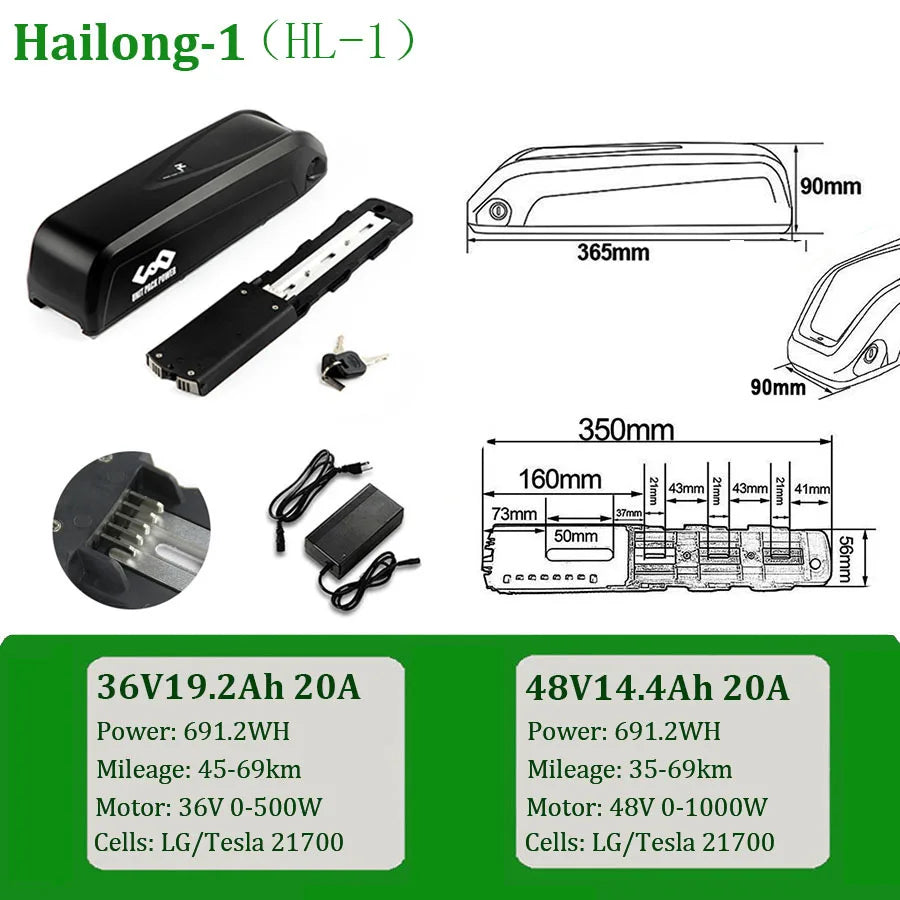21700 DownTube Ebike Battery Hailong 36V 48V 52V 14.4Ah 19.2Ah Electric Bicycle Pack for 1500W 1000W 750W 500W  350W 250W Motor