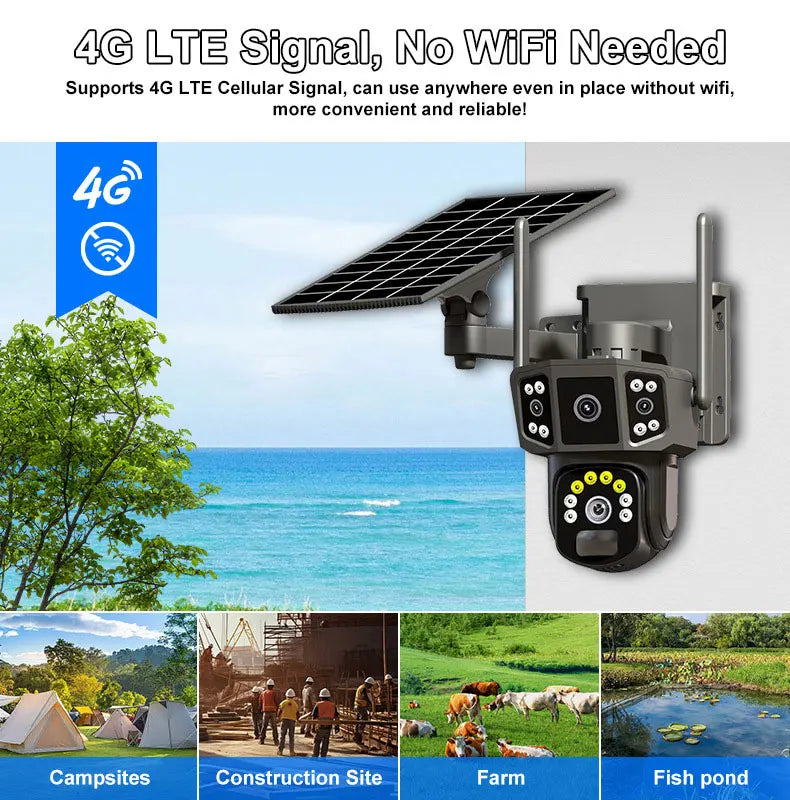 4K 8MP Solar Camera 4G SIM /WIFI Security Outdoor Dual Lens 3 Screens Recording Humanoid Tracking Color Night Vision PTZ Cam
