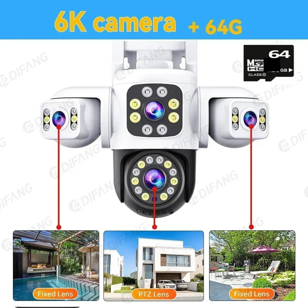6K HD WiFi Camera Outdoor Security Protection Three Lens Three Screen Ai Tracking 12MP Video CCTV Cam Yoosee Security IP Camera
