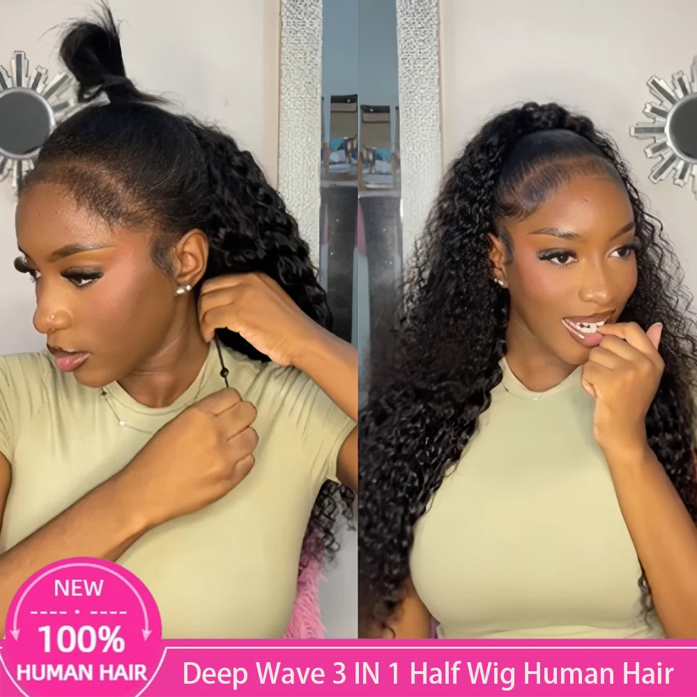 3 In 1 Half Wigs Human Hair Deep Wave Half Wig Human Hair Seamless Flip Over 250 Density Water Wave Human Hair Drawstring Half