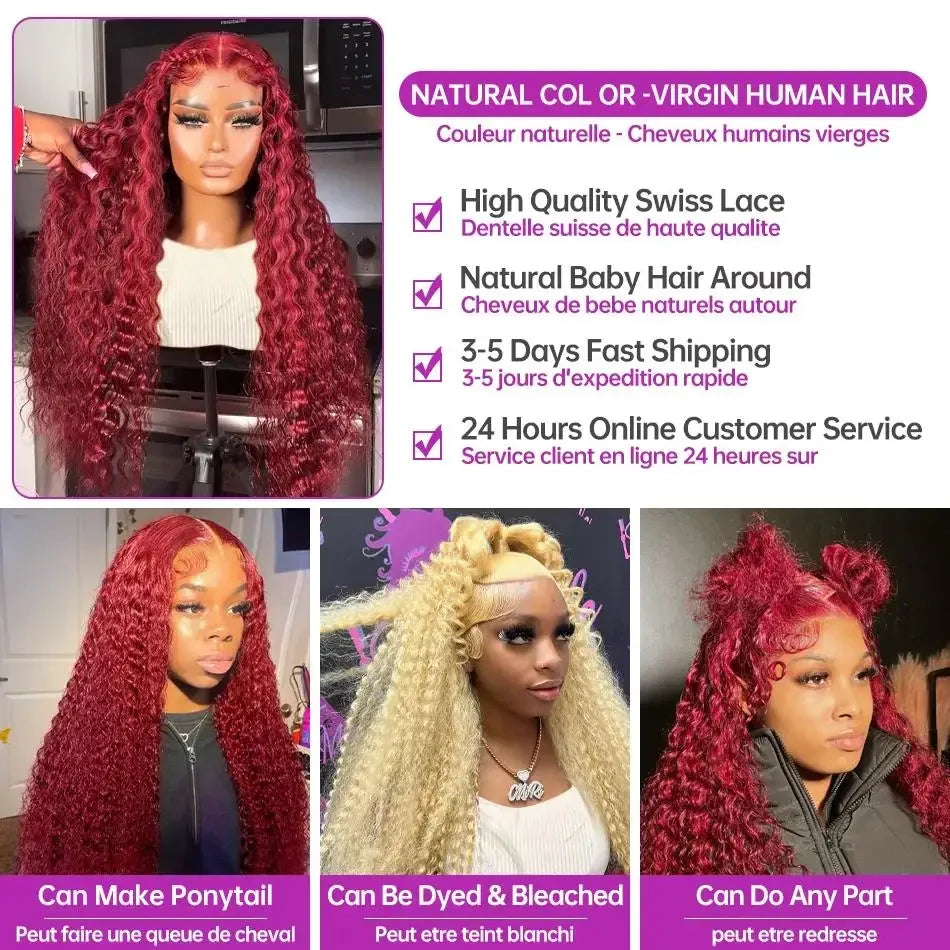 Burgundy 13x6 Hd Lace Frontal Human Hair Wig Deep Wave Curly Human Hair Wigs Water Wave Colored 99j Red 30 Inch Lace Front Wig