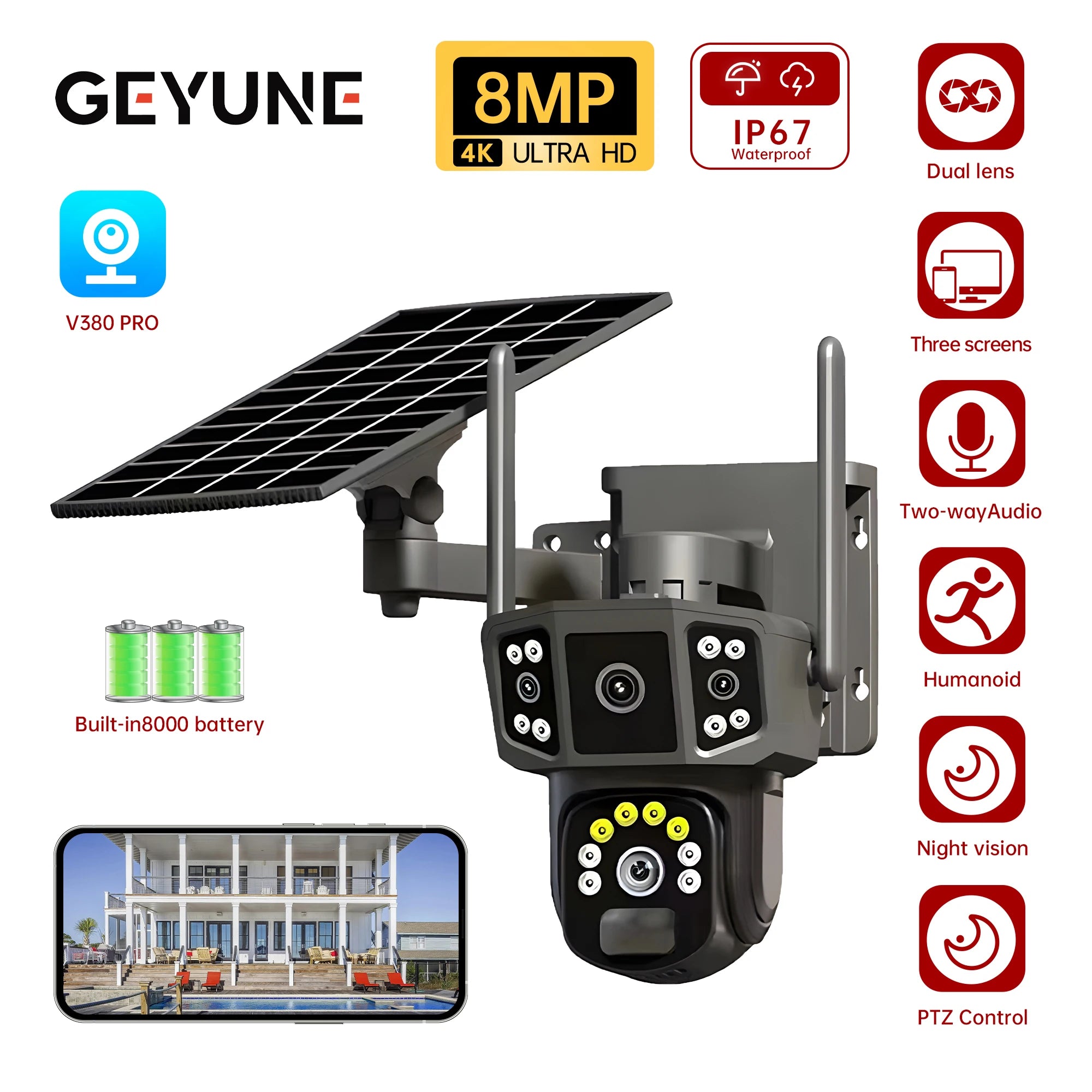 4K 8MP Solar Camera 4G SIM /WIFI Security Outdoor Dual Lens 3 Screens Recording Humanoid Tracking Color Night Vision PTZ Cam