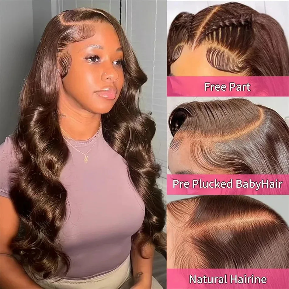 13x6 Chocolate Brown Lace Front Wig 40 Inch HD Transparent  Lace Frontal Wig  100% Colored Preplucked Body Wave Human Hair Wigs