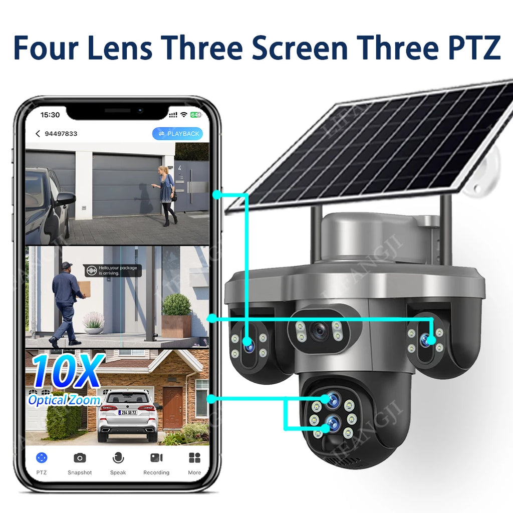20MP 4G Sim Solar Camera WiFi 10X Optical Zoom 3-PTZ 4-Lens 3-Screens Outdoor Wireless Security Cameras Auto Tracking CCTV V380