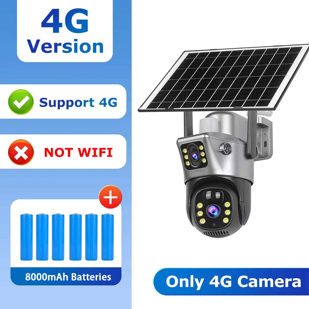 AIOOK Triple Lens 4G CCTV HD 15MP Solar Camera Outdoor Waterproof V380 Pro Camera Mobile Tracking Night Vision Lights Alarms