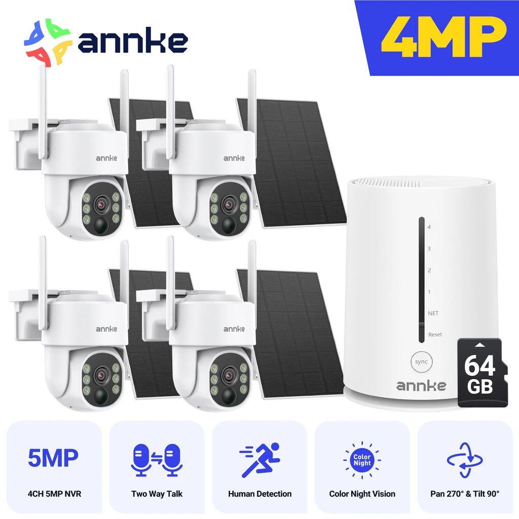 Annke 4MP solar security cameras 4CH Wireless NVR 4mm color night vision camera battery Audio 2.4G 5.8G dual-band WIFI Camera