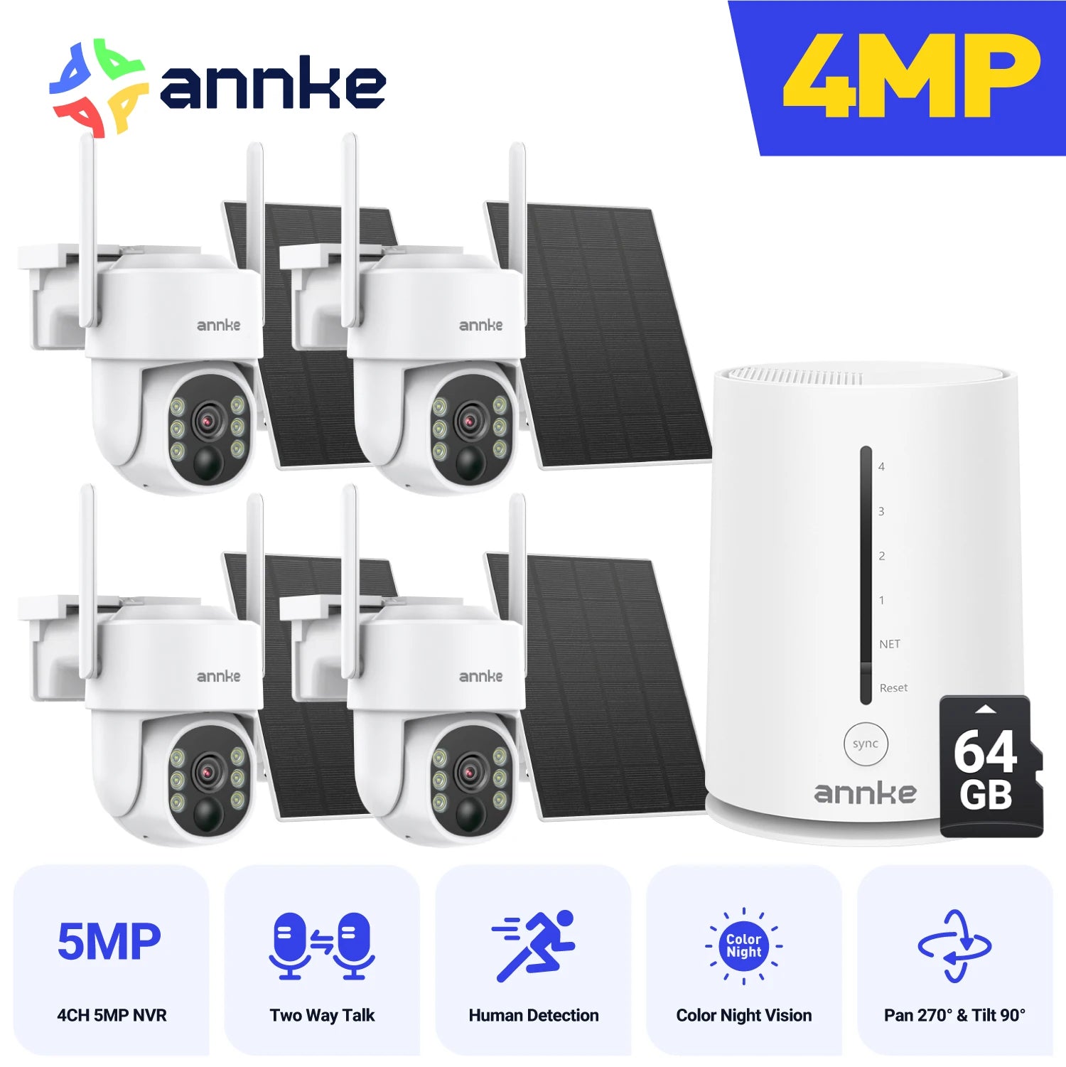 Annke 4MP solar security cameras 4CH Wireless NVR 4mm color night vision camera battery Audio 2.4G 5.8G dual-band WIFI Camera