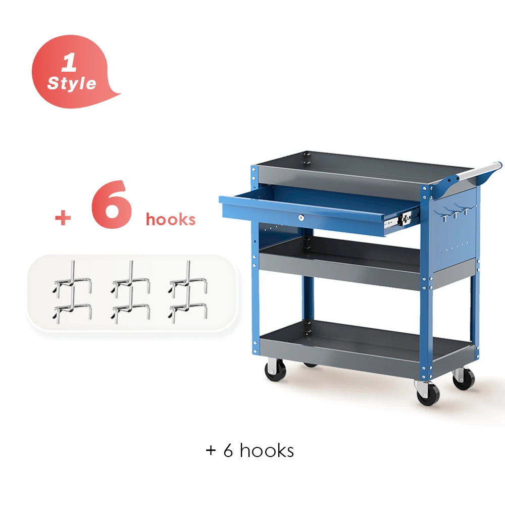 AIRAJ 3 Tier Rolling Tool Cart on Wheels,Metal Heavy Duty Mechanic Cart with Drawers and Pegboard,440 LBS Capacity Utility Cart