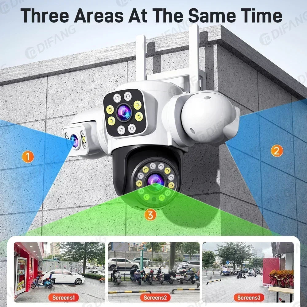 6K HD WiFi Camera Outdoor Security Protection Three Lens Three Screen Ai Tracking 12MP Video CCTV Cam Yoosee Security IP Camera