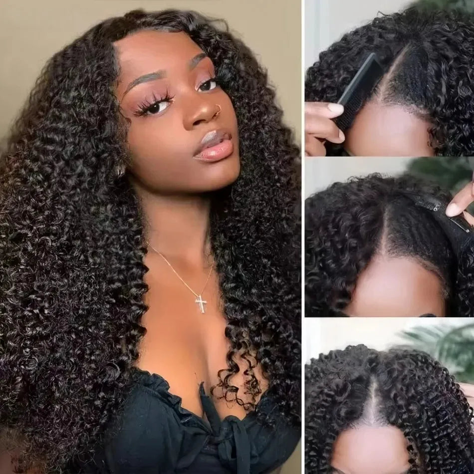 V Part Wig Kinky Curly Human Hair No Leave Out Upgrade Curly V Shape Wig Deep Wave No Glue Clip In Half Wigs Glueless Wig