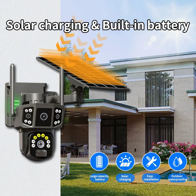 4K 8MP Solar Camera 4G SIM /WIFI Security Outdoor Dual Lens 3 Screens Recording Humanoid Tracking Color Night Vision PTZ Cam
