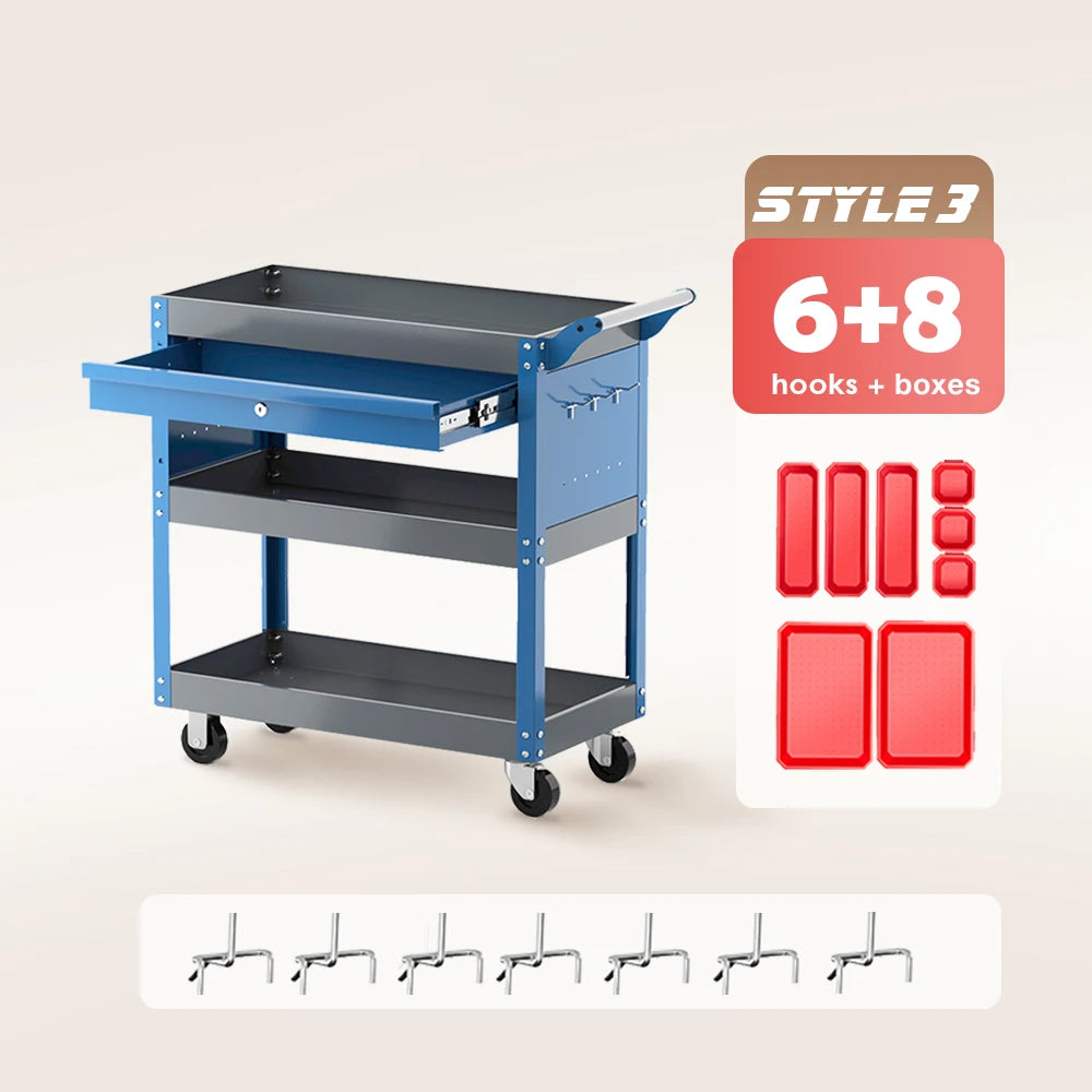 AIRAJ 3 Tier Rolling Tool Cart on Wheels,Metal Heavy Duty Mechanic Cart with Drawers and Pegboard,440 LBS Capacity Utility Cart