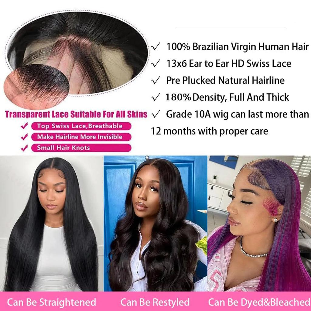 30 40 Inch 360 Full HD Straight Lace Frontal Wigs 200 Density 100% Human Hair Wig Brazilian PrePlucked Lace Front Human Hair Wig