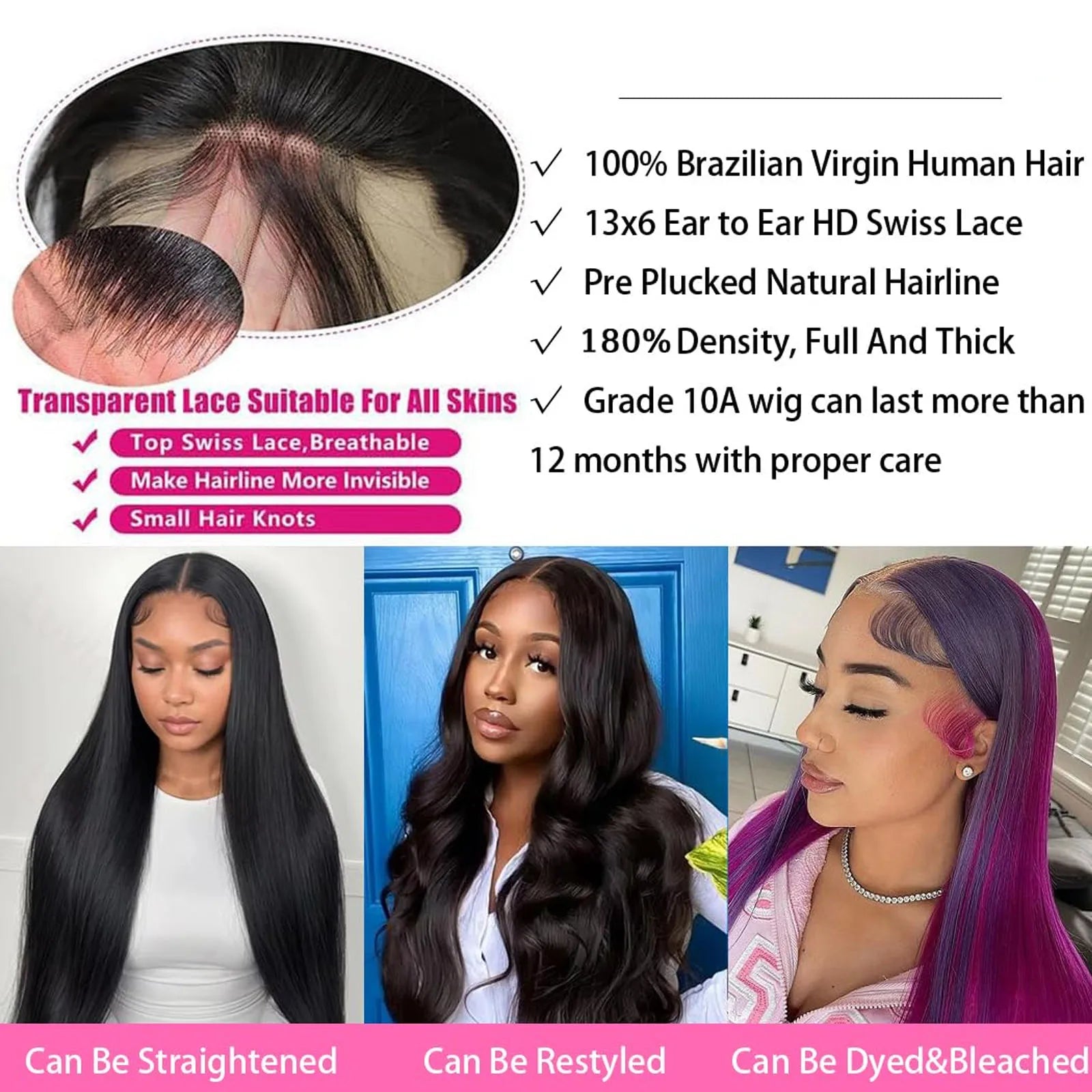 30 40 Inch 360 Full HD Straight Lace Frontal Wigs 200 Density 100% Human Hair Wig Brazilian PrePlucked Lace Front Human Hair Wig