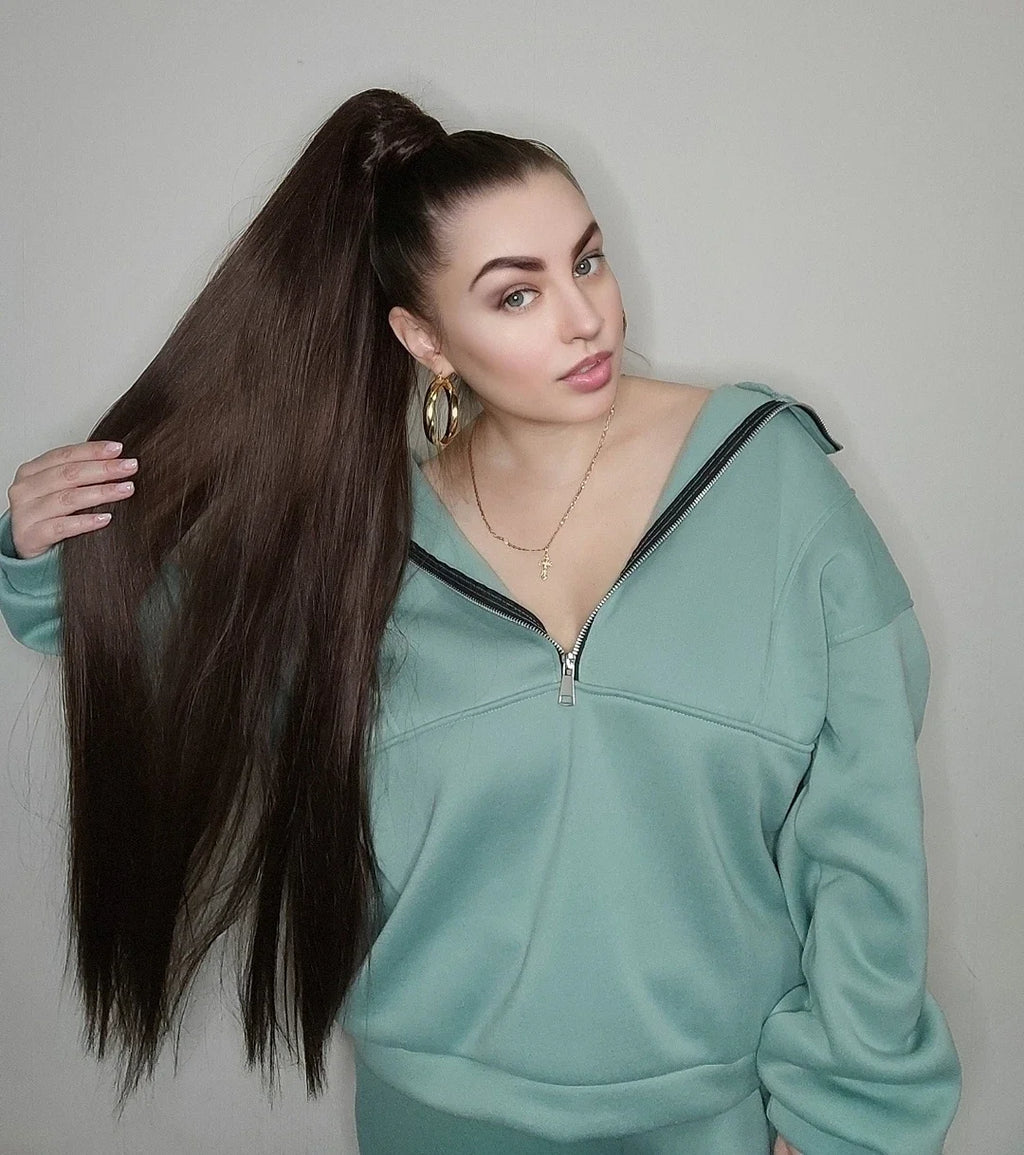 30 Inch Long Bone Straight Ponytails Futura Synthetic Drawstring Ponytails Clip-in Hair Extensions Straight Ponytails for Women