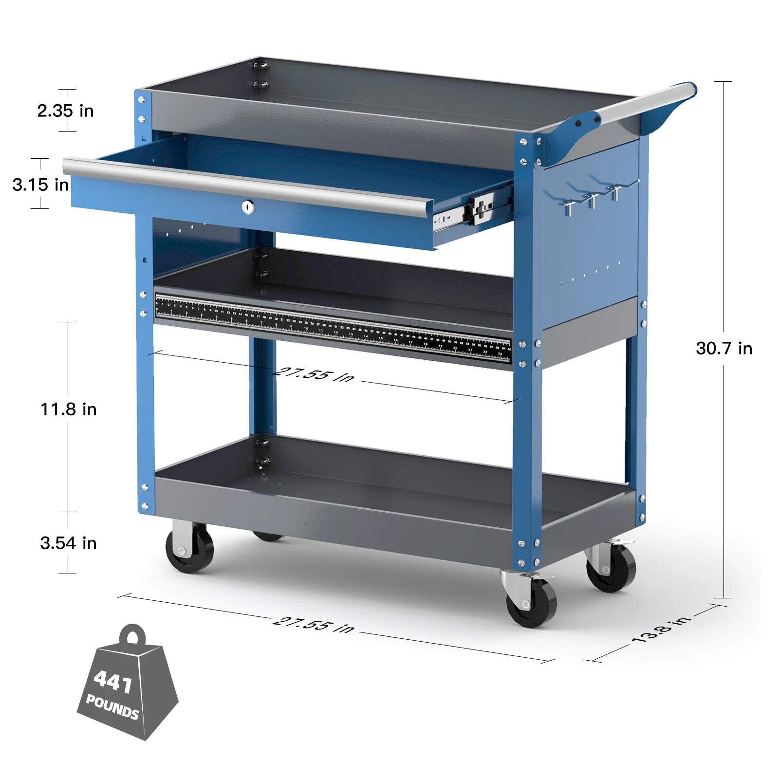 AIRAJ 3 Tier Rolling Tool Cart on Wheels,Metal Heavy Duty Mechanic Cart with Drawers and Pegboard,440 LBS Capacity Utility Cart