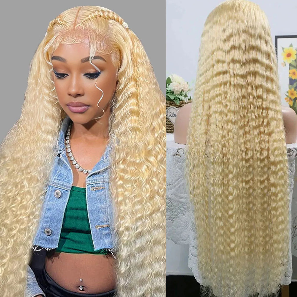 613 Lace Front Human Hair Curly Wig 180% Density 40Inch Honey Blonde Deep Wave Human Hair Wig 13x6 HD Transparent Lace Front Wig
