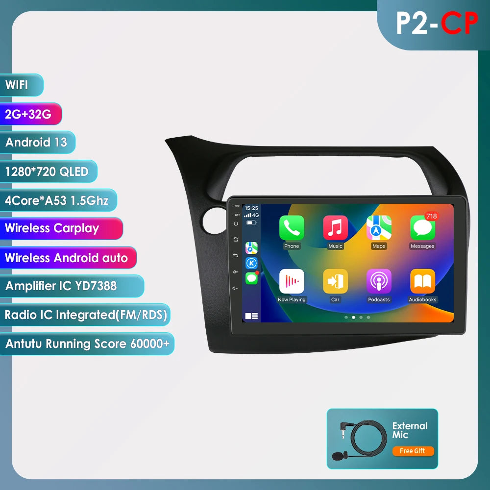 CarPlay Car Radio Multimedia Player for Honda Civic Hatchback 2005 2006 2007 2008 2009 2010 2011 Android Auto GPS 2din Autoradio