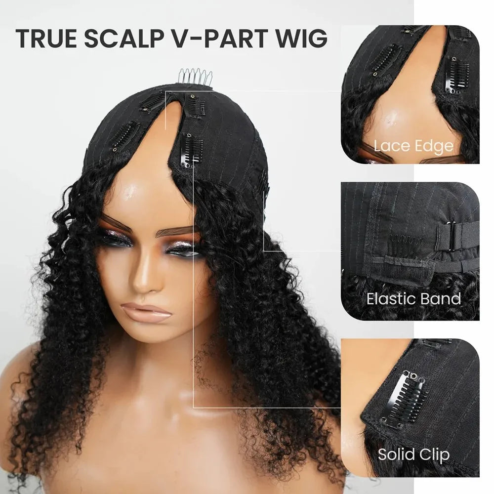 V Part Wig Kinky Curly Human Hair No Leave Out Upgrade Curly V Shape Wig Deep Wave No Glue Clip In Half Wigs Glueless Wig