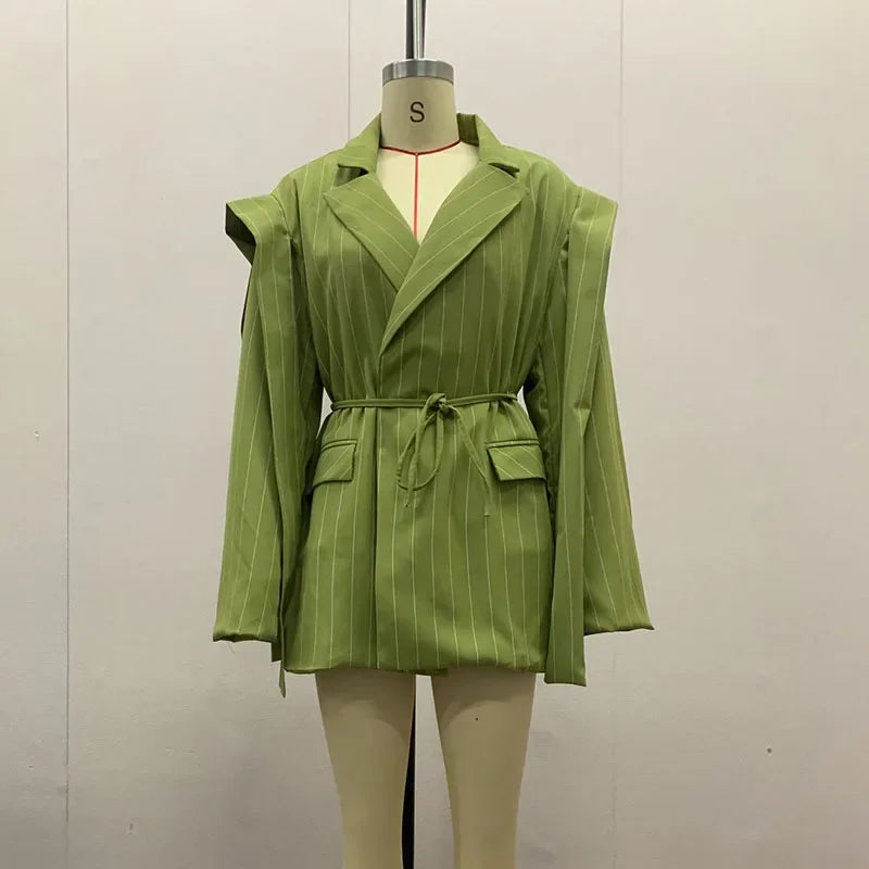 Fashion Stripe Lapel Suit Jacket Women Casual Loose Patchwork Tassel Design Belt Coat 2025 Spring Lady Street Commute Outerwears