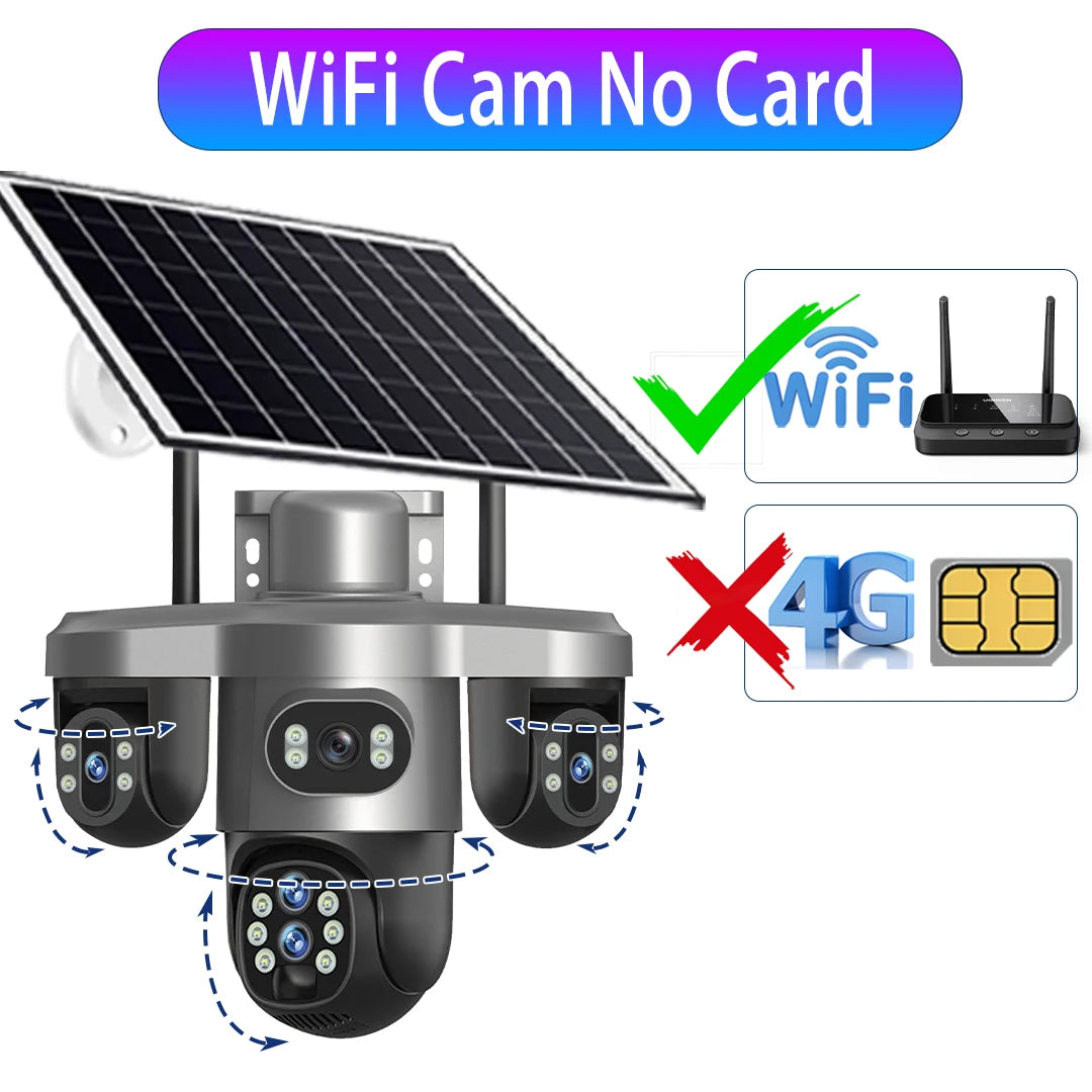 20MP 4G Sim Solar Camera WiFi 10X Optical Zoom 3-PTZ 4-Lens 3-Screens Outdoor Wireless Security Cameras Auto Tracking CCTV V380