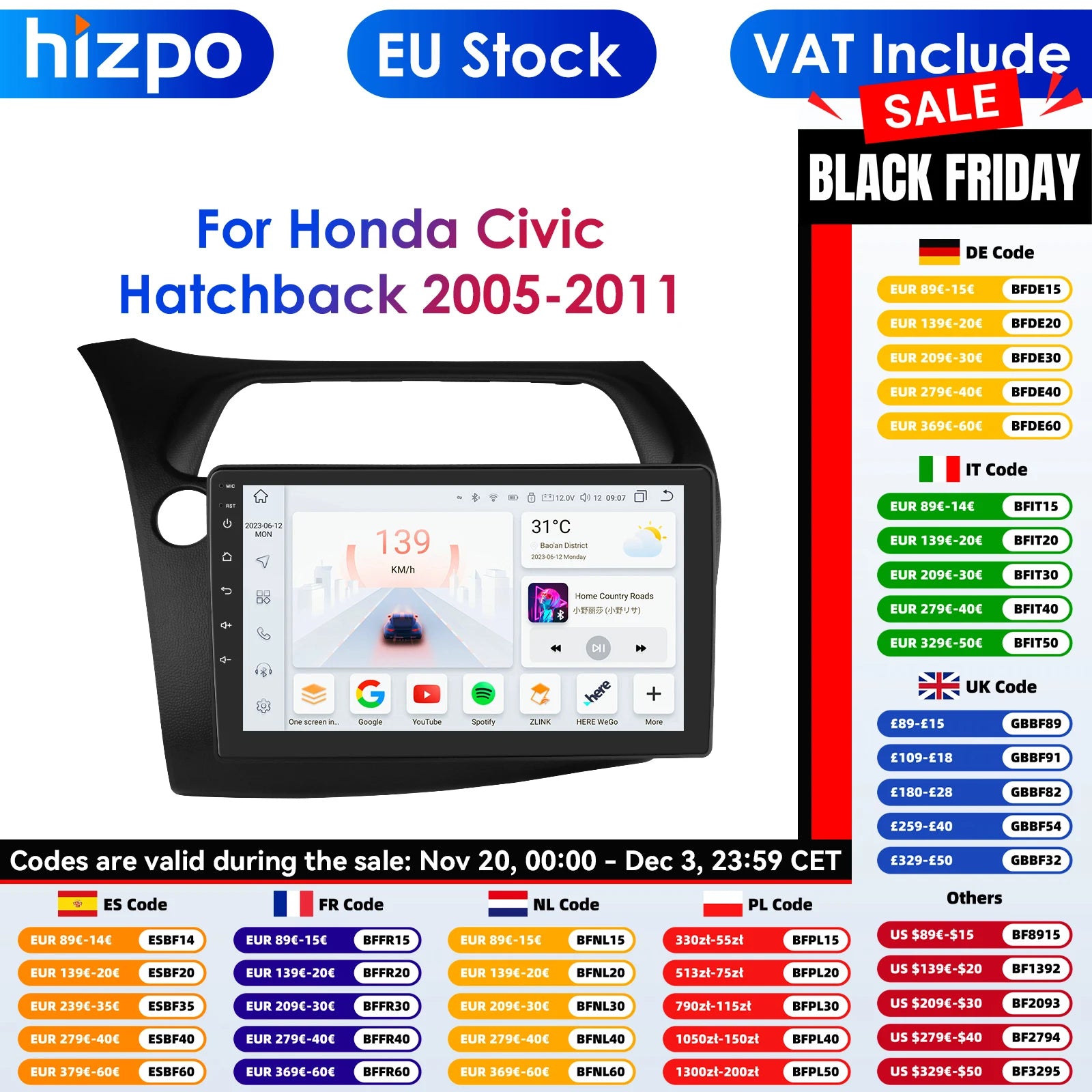 CarPlay Car Radio Multimedia Player for Honda Civic Hatchback 2005 2006 2007 2008 2009 2010 2011 Android Auto GPS 2din Autoradio