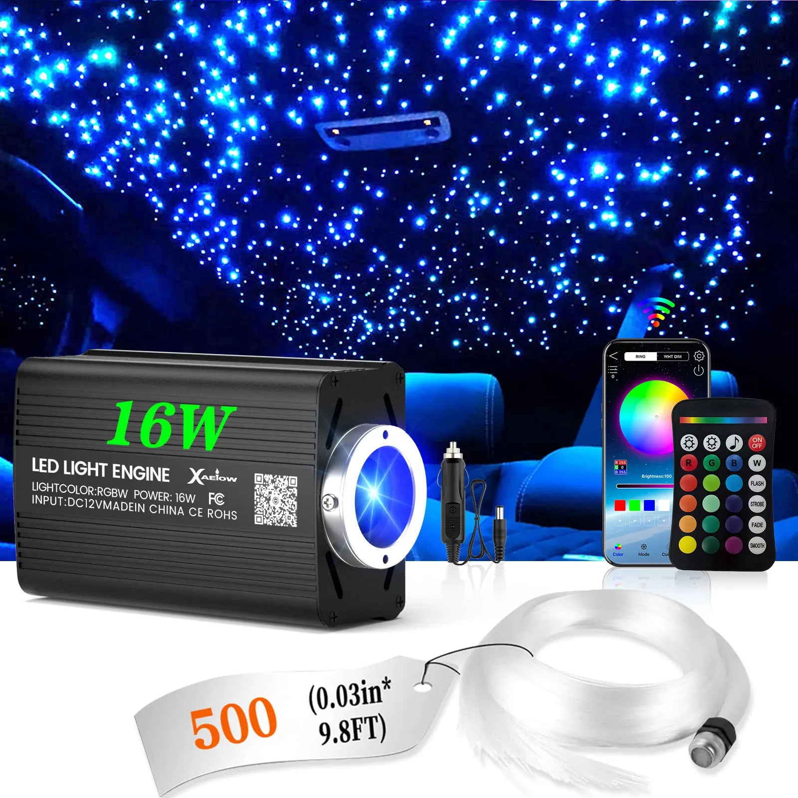 Car Roof Star Light Starry Sky Light RGBW APP Music Remote Control Starry Sky Ceiling Fiber Optic Interior Atmosphere Decorative